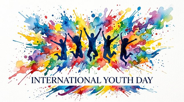 Silhouetted diverse youth jumping joyfully against vibrant colorful watercolor paint splashes