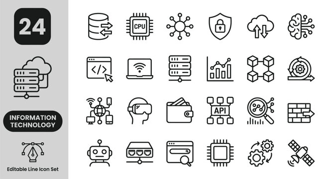 Information technology icon set. Containing IT manager, big data, data analytics, cybersecurity, artificial intelligence and more. 