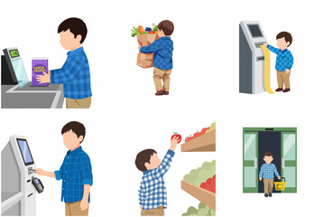 Little Boy Grocery Shopping Adventure Set: Child Choosing Food, Using Self-Checkout, and Carrying Groceries Vector Illustration