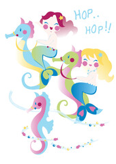 Fototapeta premium Cute Mermaid Riding Kuda Laut Under the Sea Vector Illustration