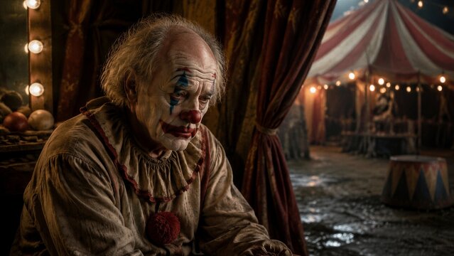 Clown sitting forlorn inside vintage circus tent backstage