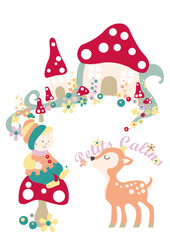 Naklejka premium Cute Autumn Child with Mushroom House and Deer Vector Illustration
