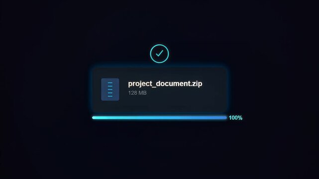 Zip file download progress bar animation on a dark interface