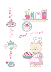 Fototapeta premium Cute Teddy Bear Chef Baking Apple Pie in Kitchen Vector