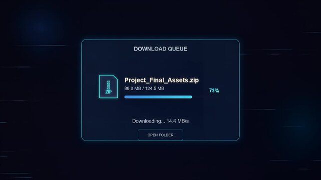 Digital download queue interface with progress bar on dark background