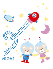 Fototapeta premium Cute Teddy Bear Astronauts in Space with Rocket and Moon Vector