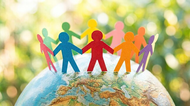 Global unity and collaboration paper people circle a world globe representing diversity