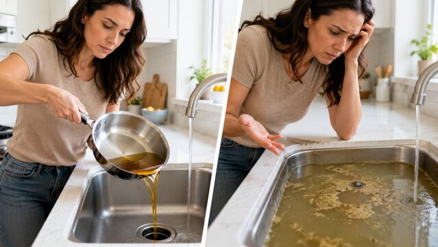Cooking oil in the sink and clogged kitchen drain
