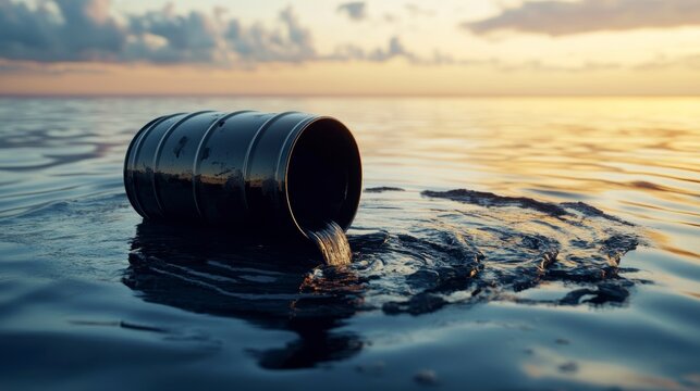 Oil spills from a barrel into the ocean at sunset.