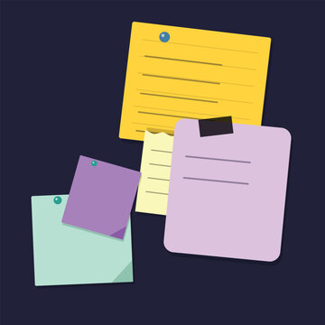 Colorful sticky notes and paper sheets pinned on a board
