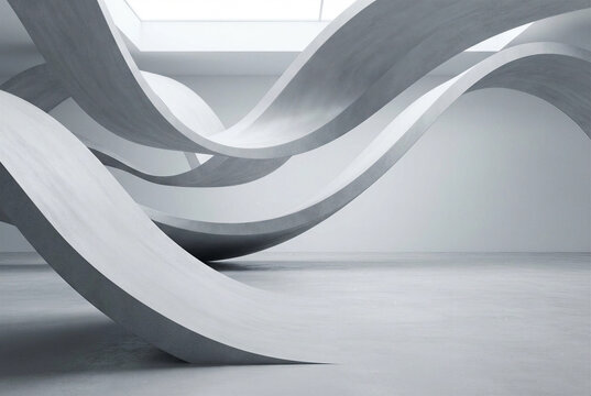 Futuristic abstract architecture with flowing concrete curves, minimalist white interior space, modern sculptural wave design elements
