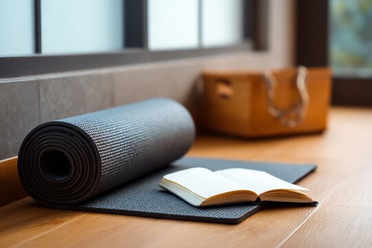 Yoga mat and open book on wooden floor near window.