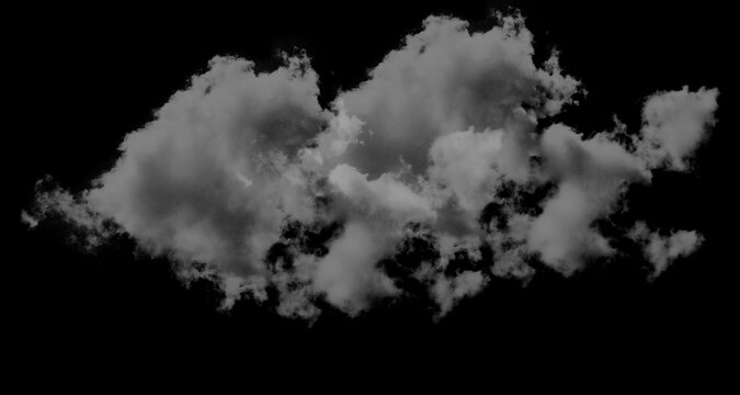 Single fluffy white cloud isolated on a solid black background for design.