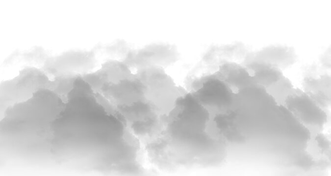 Soft fluffy grey clouds isolated on a pure white background for design.