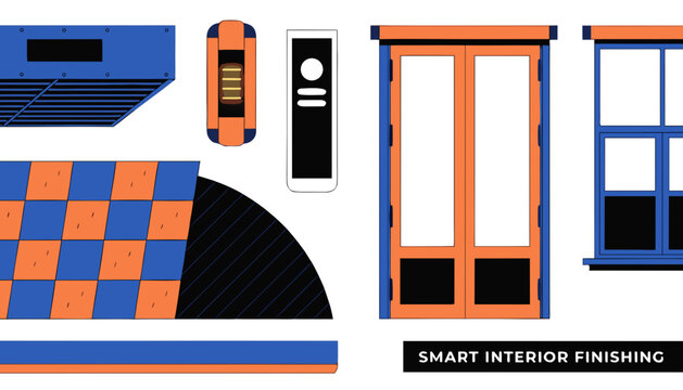 Very beautiful realistic vector illustration of INTERIOR SMART FINISHING featuring a bold engineering label reading "SMART INTERIOR FINISHING", modern flooring, ceiling panels, LED lighting, smart wal