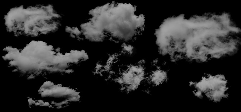 Collection of various white clouds isolated on a black background for design.