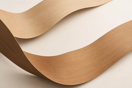 Minimalist curved wood veneer strips, elegant wavy timber texture on white background, organic flowing wooden ribbons for interior design concept