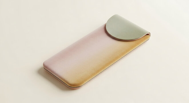 A slim leather glasses case with a gradient pink and yellow color on a light beige background