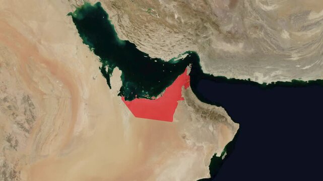 3D render animation of a satellite map zooming in on the United Arab Emirates in the Middle East, highlighting the country borders in red.