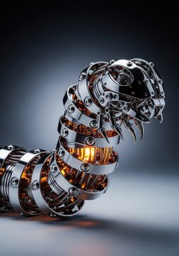 Close-up of a segmented metal worm sculpture with intricate mechanical details, polished chrome plates, and glowing amber internal light, reflection, worm, hardware