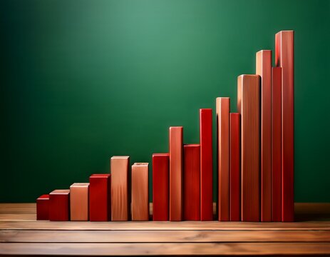 a red bar graph with descending columns is displayed on a dark wooden surface against a green background representing a downward trend or decline