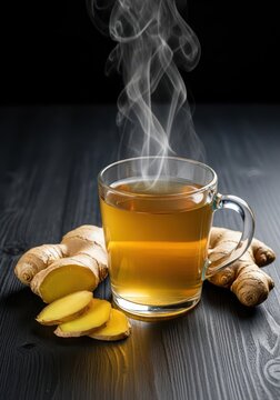 Hot ginger root tea steams in a glass mug beside fresh, sliced ginger rhizome on a textured, dark wooden table backdrop, texture, mug, rhizome