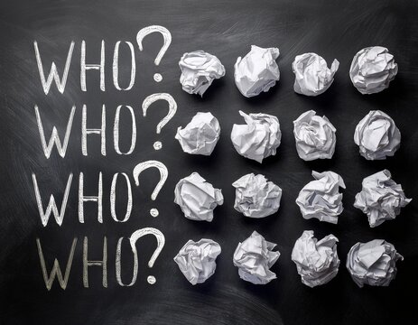 crumpled paper on a blackboard with the words when why what who where how