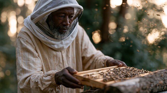 A Kenyan beekeeper in a protective veil lifts a honeycomb frame from a log hive at the forest edge, bees hovering, sunrise light filtering through tree canopy, apiculture,