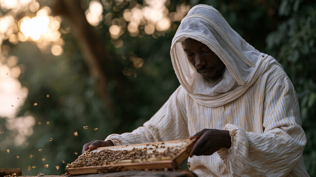 A Kenyan beekeeper in a protective veil lifts a honeycomb frame from a log hive at the forest edge, bees hovering, sunrise light filtering through tree canopy, apiculture,