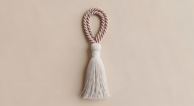 Decorative curtain tieback with a twisted rope loop and a long fringe tassel in light beige color