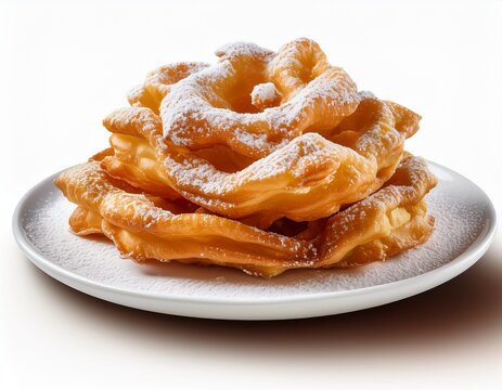 crispy funnel cake with powdered sugar on a white plate isolated perfect for sweet treats fairs and carnival themed designs