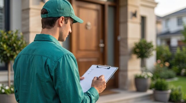 Courier Man in Green Cap Writing on Clipboard Checklist Outdoors, Delivery Service Worker Near Modern House Door, Post Logistics Employee Filling Form