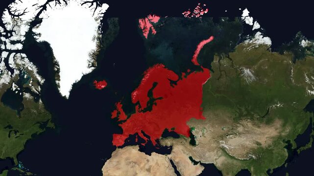 3D render animation of a satellite map highlighting Europe in red 