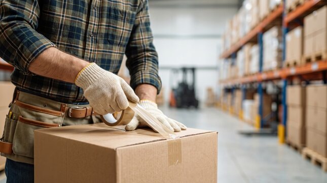 Warehouse employee preparing parcel for shipping with tape dispenser e-commerce order fulfillment global logistics business and relocation service
