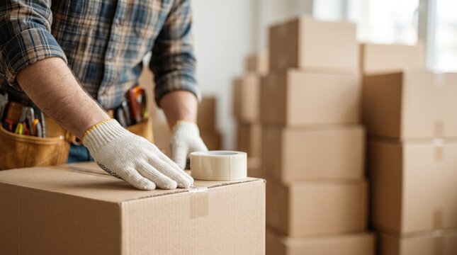 Close up of logistics worker hands in gloves packing cardboard box with tape dispenser in warehouse storage shipping delivery service and supply chain