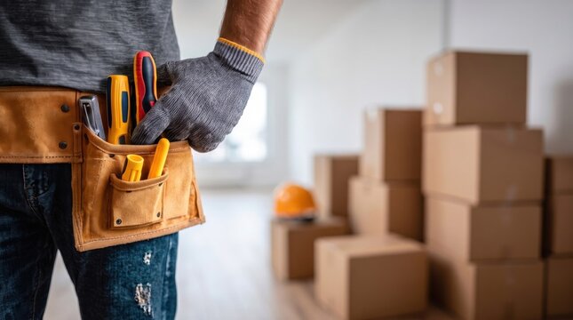 Close Up of Mover Man Wearing Tool Belt and Glove with Moving Boxes in Background, Delivery and Relocation Service Concept, Professional Handyman Worker