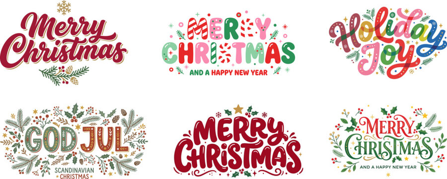 Festive merry christmas typography hand lettered holiday greetings designs