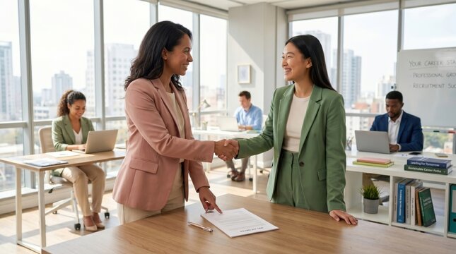 Businesswomen Shaking Hands Over Employment Contract in Modern Office, HR Recruitment, Job Hiring Agreement, Interracial Team Corporate Partnership