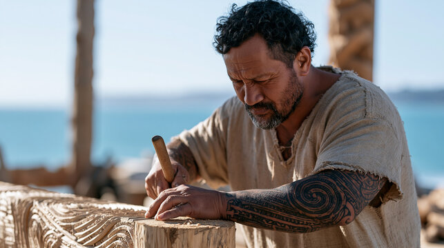 Maori woodcarver with traditional tattoos on forearms chiseling intricate spiral pattern into kauri timber post, indigenous craft expertise and cultural identity in open outdoor