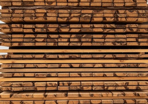 A large stack of freshly cut lumber planks sitting outdoors ready for construction or storage, showing texture and natural wood grain patterns, organization, grain, timber