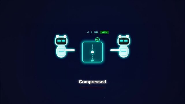 Animated robots compressing digital data cube on dark background