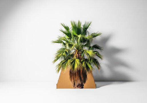 A stiff two-dimensional cardboard standee of a lush tropical palm tree stands perfectly still against a plain white studio wall background, stiff, photography, decorative