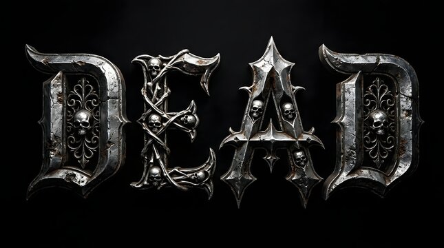 Gothic 3d metal text spelling dead with intricate skull and bone details on black background
