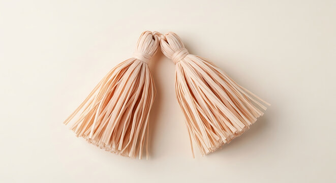 Pair of soft beige leather tassels hanging together on a neutral light background, fashion accessory