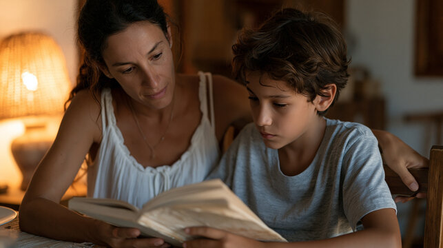 Brazilian single mother sitting at modest home dining table helping elementary school son catch up on reading skills after school sharing worn paperback book together warm lamp