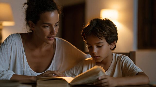 Brazilian single mother sitting at modest home dining table helping elementary school son catch up on reading skills after school sharing worn paperback book together warm lamp