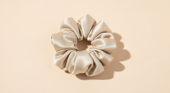 Shiny beige silk hair scrunchie isolated on a light beige background, for hair styling accessories