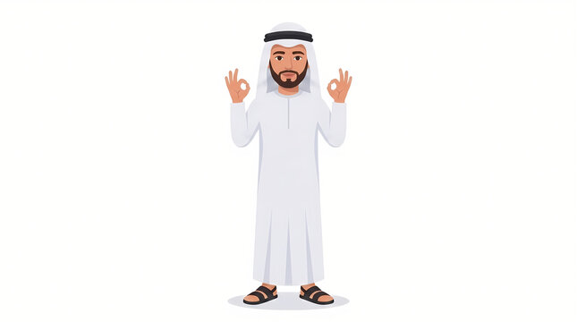 Arab man in traditional white thobe showing ok sign vector illustration