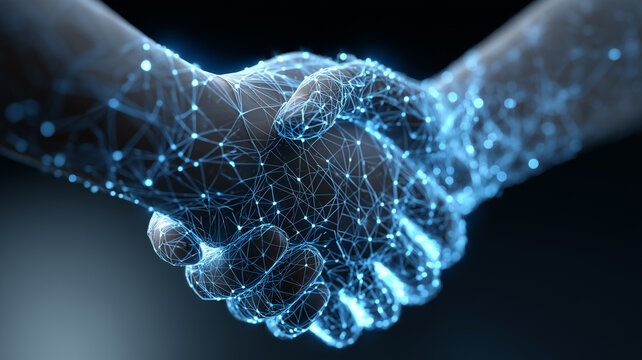 Two networked wireframe hands complete a handshake, symbolizing digital partnership, business trust, collaboration, and secure connection in a connected world.
