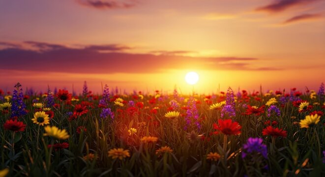 A golden sunset glows over a blooming meadow of wildflowers, capturing a romantic and nostalgic essence of a warm, dreamy summer afternoon, holiday, wildflowers, field